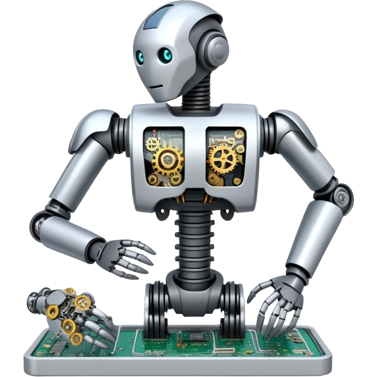 An icon featuring a humanoid robot assembling parts with mechanical arms, a circuit board in its chest, and a conveyor belt in the background. The design includes gears, sensors, and a robotic claw, symbolizing robotics innovation and automation. Transparent background emoji