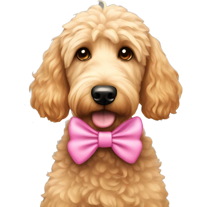 Golden doodle wearing a pink bow emoji
