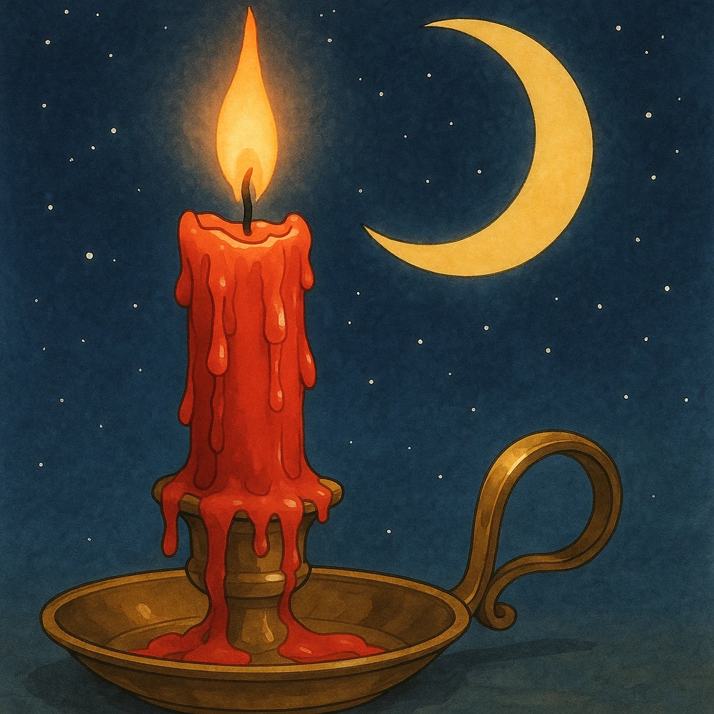 ghibli style dripping red candle in a gold holder with a crescent moon in the background emoji