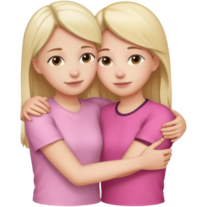 2 girls hugging each other. One is wearing white shirt and the other is wearing pink emoji