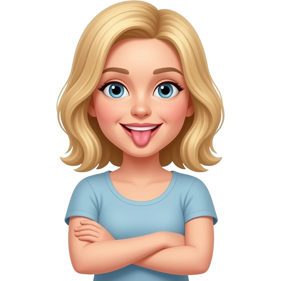 Femme blonde croise les bras et lever la tête un peu sur le côté en mode  Je te tire la langue mais pas vraiment car je ne la tire pas emoji