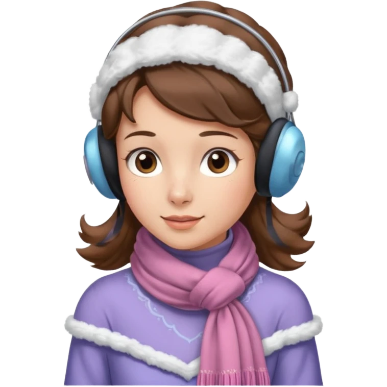 Victorian ice skater in a long dress. She is wearimg a scarf and earmuffs. She has brown hair. emoji