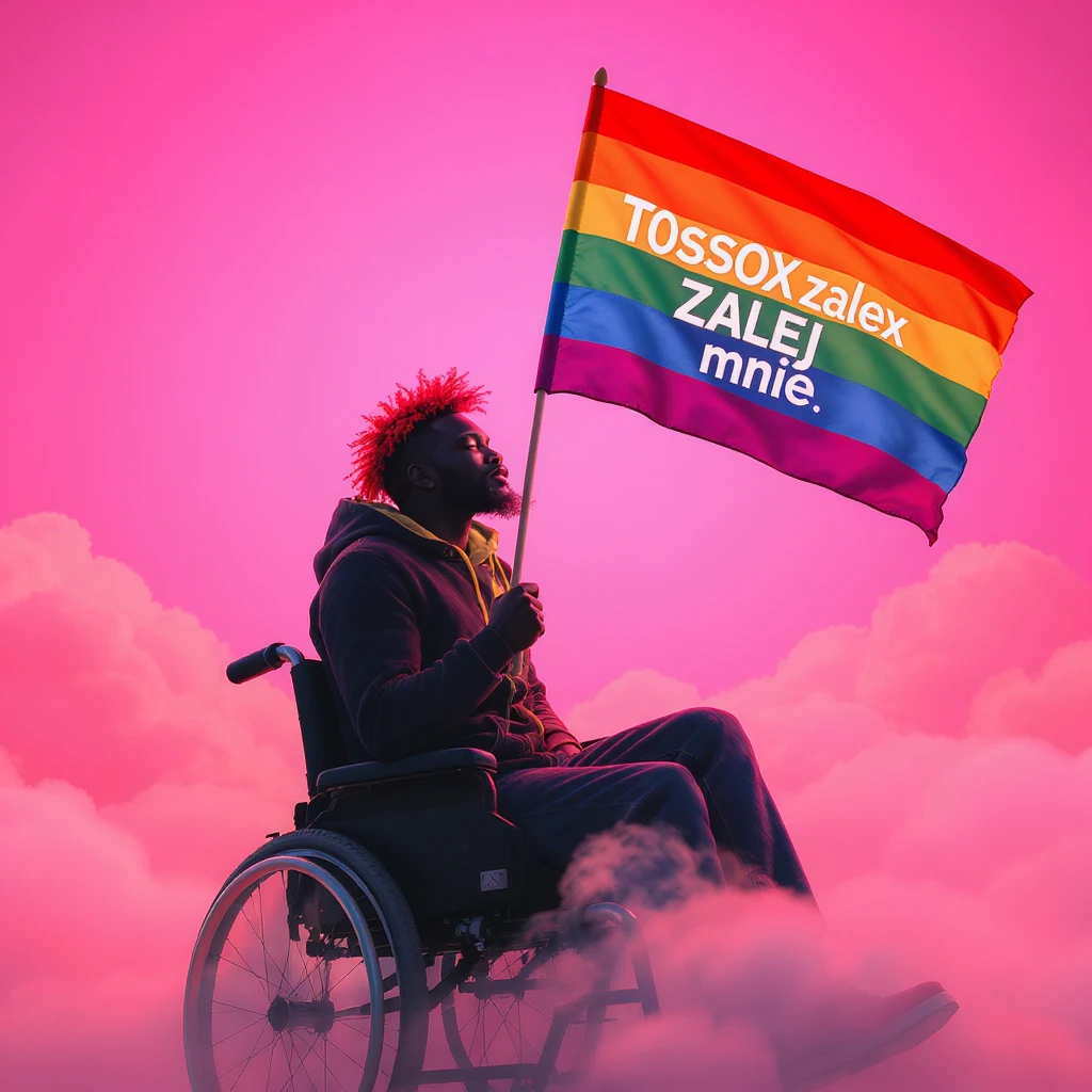 Cinematic shot advertising, Black man with red hair sitting on wheelchair holding lgbt flag holding text "T0ssox zalej mnie" pink clouds around, pink sky with pink back light emoji