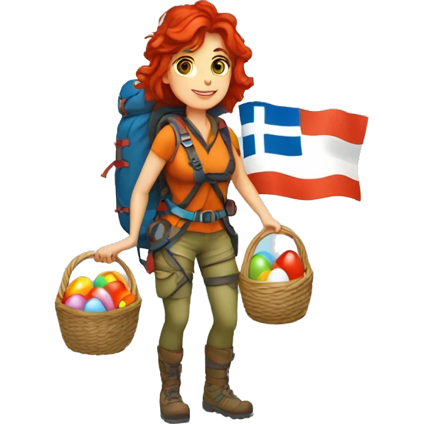 Female winter mountain climber red loose hair climbing with Greek flag on backpack and holding Easter eggs basket emoji