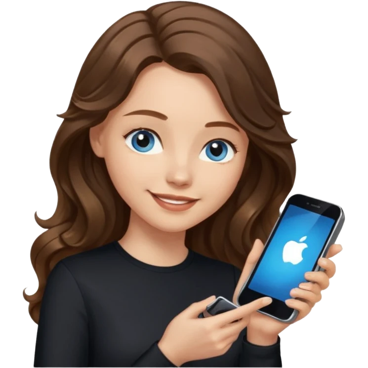 generate a pretty woman with blue eyes, light skin and long and really wavy shiny medium brown hair holding a phone while looking down at the screen. she is wearing an ALL black long sleeve. she is smiling emoji