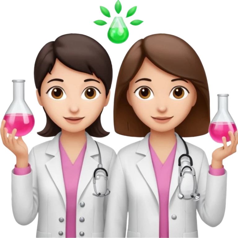 cientificas con blusa rosa y bata blanca felices, una chica con pelo marrón y otra chica con pelo negro emoji