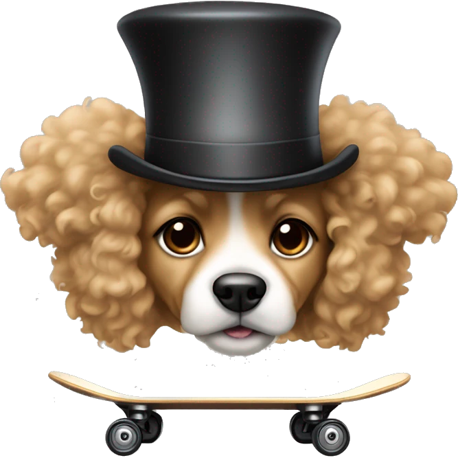  dog with light tan curly short fur, very very long ears down. dark brown eyes, mouth closed. wearing a top hat on a skateboard emoji