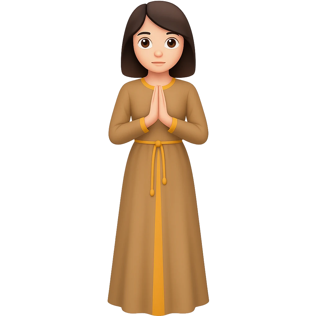 Show the woman standing and praying from the front view, wearing a long tan dress, with dark brown hair, in emoji style. Remove the background. emoji