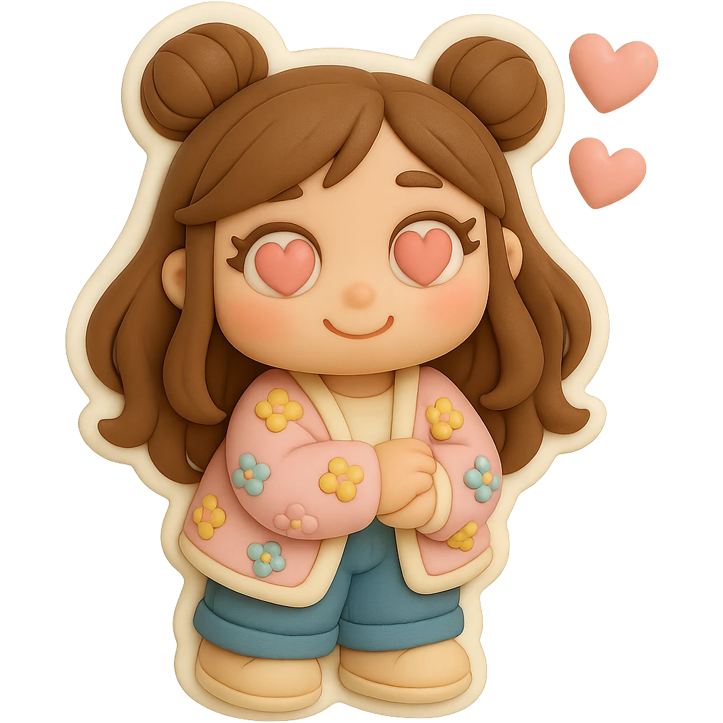 3D chibi fondant cake art style, high-quality rendering with smooth shadows and soft gradients. Girl based on reference image with preserved facial features and eye shape, long brown hair in two space buns, brown eyes, jeans, pastel floral cardigan, shoes, thick white outline like a sticker, transparent background. Expression: In love, soft pink hearts in her eyes. Ensure the face, hairstyle, eye shape, and shoes match the reference exactly. emoji