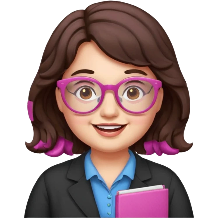 happy chubby English teacher, pink glasses, wavy dark brown hair, face only, classroom background, emoji style, online class setting emoji