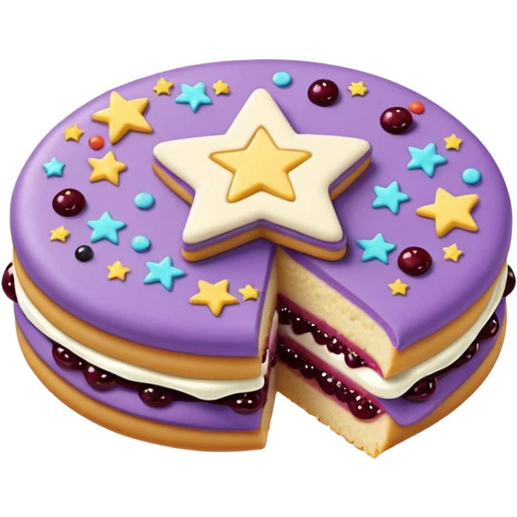 a pastel purple sandwich cookie with soft crumbly texture, a star-shaped jam cutout in the center showing glossy dark berry filling, and creamy filling with colorful sprinkles.  emoji