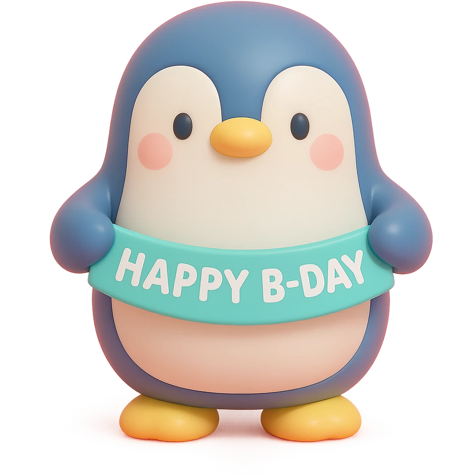 penguin holding a "Happy B-Day" banner, vinyl figure style emoji