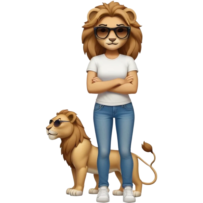 friendly anthropomorphised female lion, full body, standing confidently with legs shoulder width apart, arms folded, wearing jeans, white t-shirt, dark sunglasses, trainers, determined expression emoji