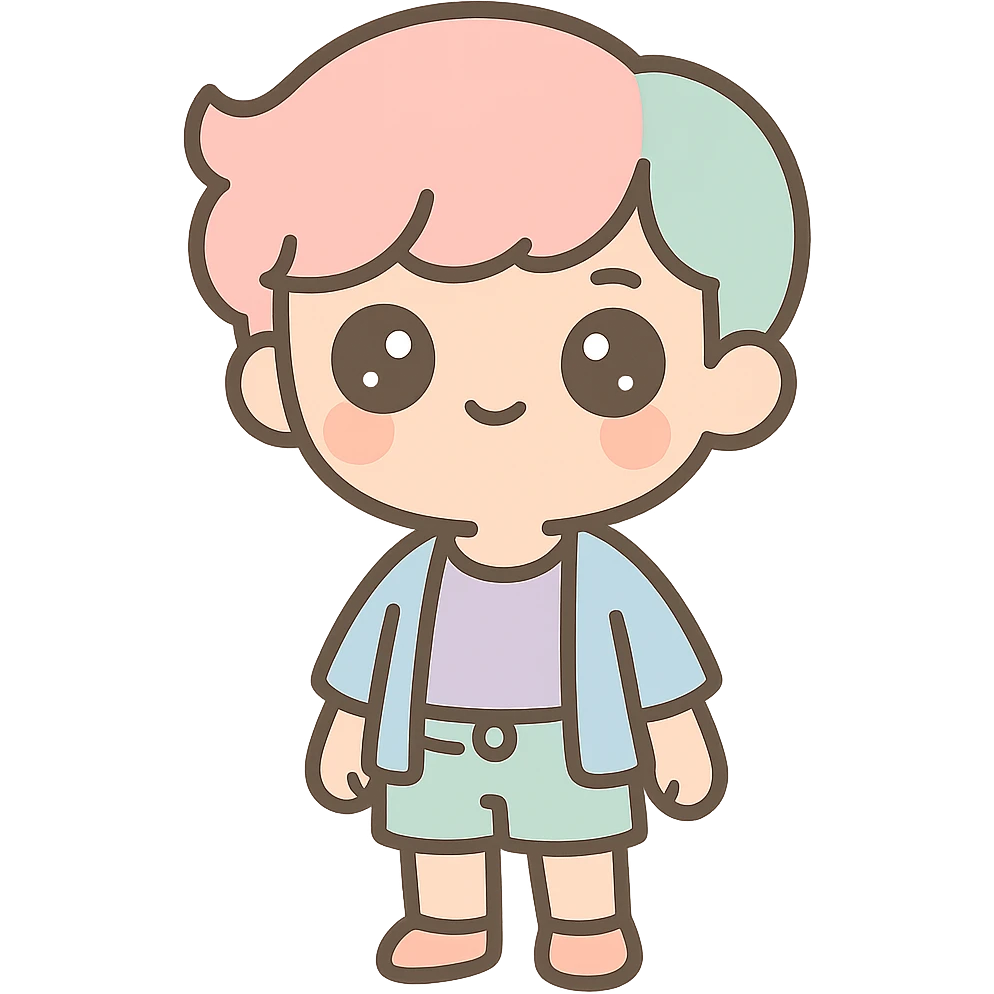 a cute twink, big eyes, trendy outfit, gentle smile, kawaii style emoji