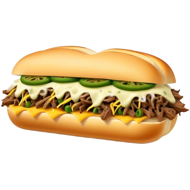 Chicago Italian cheesy beef sandwich. Italian bread, shredded beef, white provolone cheese, green peppers. emoji