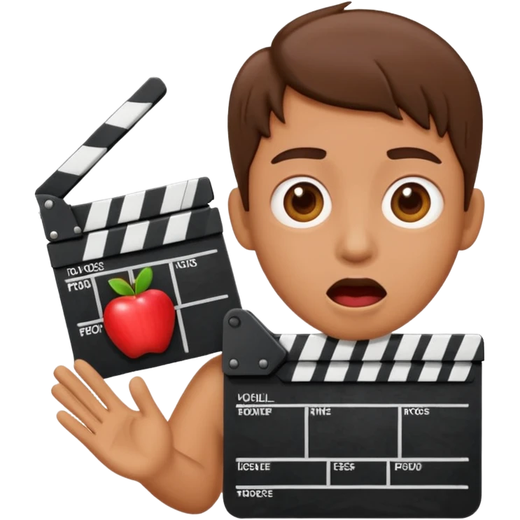 surprised emoji with expressive face, movie clapperboard with a red X, apple emoji style emoji
