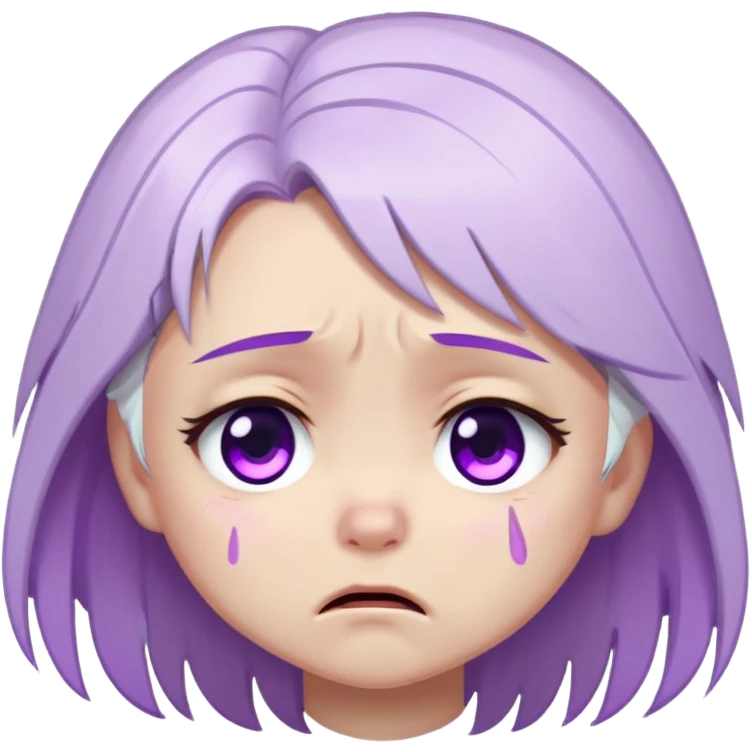 Chibi Sable Ward crying, teary eyes, pouty mouth, tears falling, white hair with purple streaks, fully purple eyes, sad expression emoji