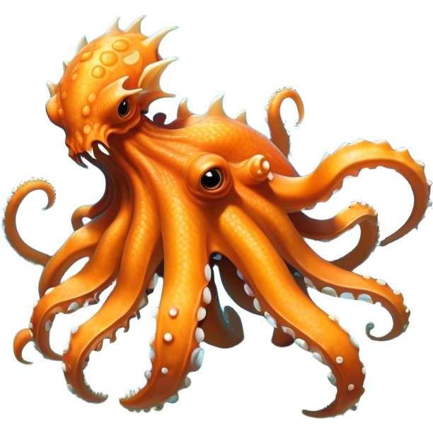 Create a hybrid creature with the agile tentacles and dragon-like features of the orange Dracquid, but with rocky, crystalline growths forming armored segments along its body and a powerful stone jaw like Boulderbite, resulting in a territorial sea guardian that ambushes prey by disguising itself as a coral reef formation before striking with surprising speed. full body, only the creature emoji