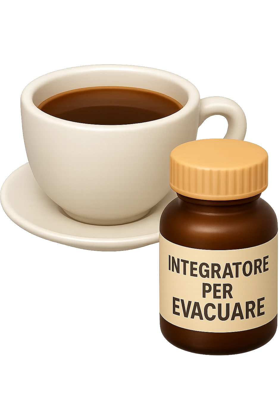 EMOJI STILE IPHONE 3D DI un caffè e di una boccetta di integratore con la scritta "INTEGRATORE PER EVACUARE" SULL'ETICHETTA, iperrealistico 4k emoji