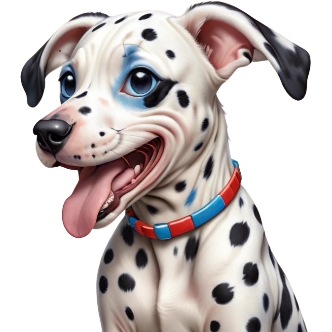 Cinematic Cute Yawning Harlequin Dalmatian Portrait Emoji, Head tilted slightly with a dramatic, wide-open yawn, showcasing a smooth Fur of predominantly white with bold black patches, floppy ears slightly drooping, round blue eyes barely open in drowsy contentment, Simplified yet irresistibly adorable features, highly detailed, glowing with a soft, cozy glow, high shine, relaxed yet expressive, stylized with a touch of whimsy, bright and endearing, soft glowing outline, capturing the essence of a sleepy yet affectionate guardian, so drowsy it feels like it could stretch out of the screen and curl up for a nap! emoji