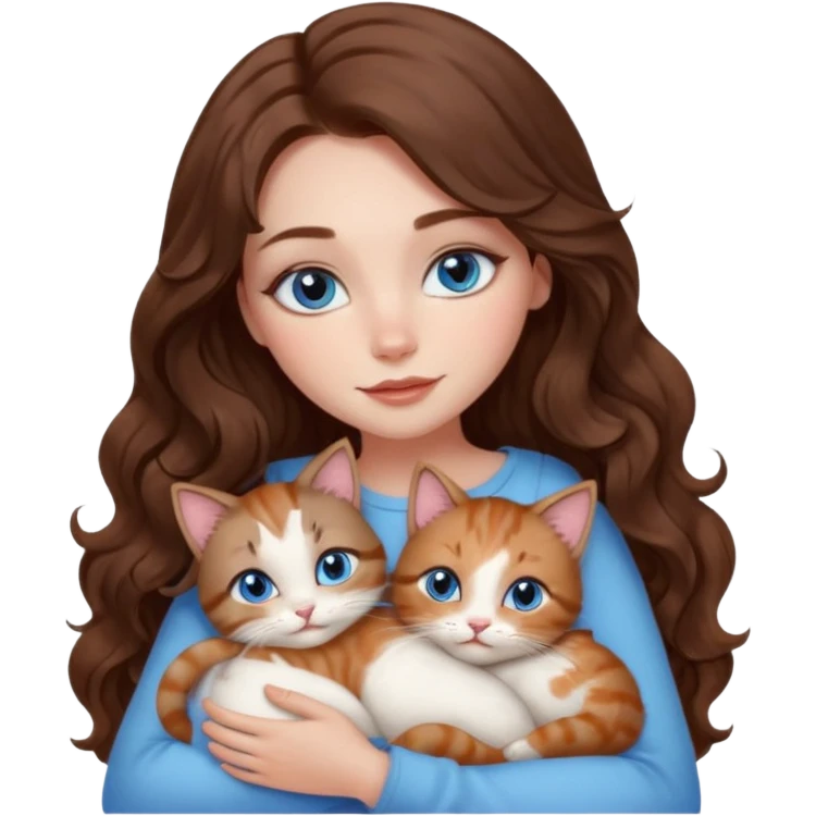 girl with long wavy brown hair, blue eyes, long lashes makeup, cuddling with 6 cute cats emoji