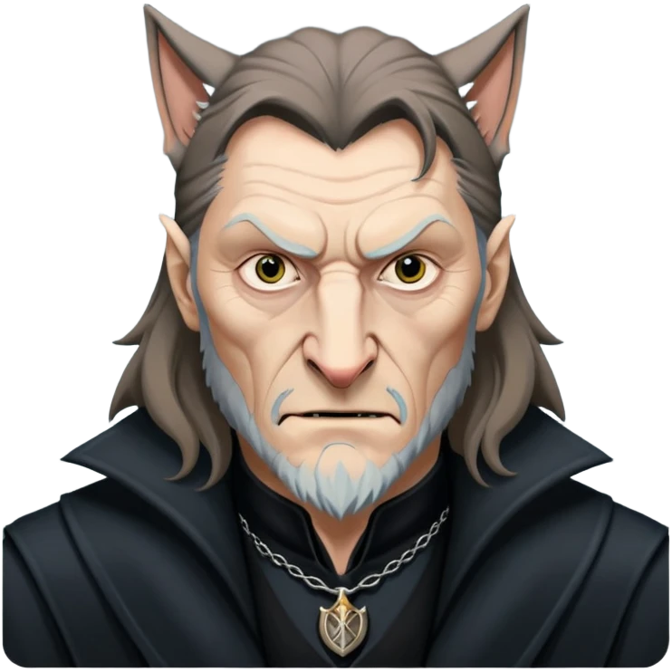 Fenrir Greyback in harry potter, black open chest coat, wolf face, pointed ear emoji