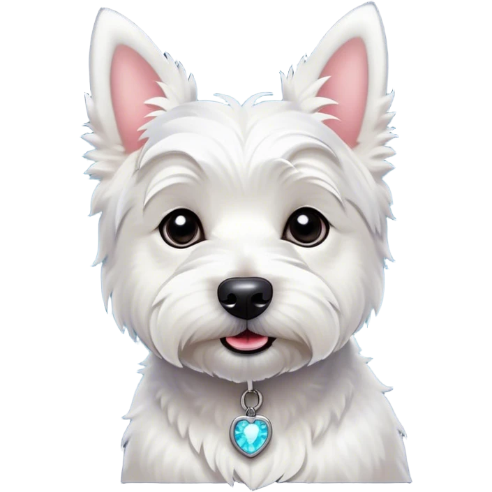 Cinematic Cute West Highland White Terrier Portrait Emoji, Head tilted playfully and inquisitively, featuring a fluffy, immaculate white coat with perky ears, round, sparkling dark eyes filled with curiosity, Simplified yet irresistibly adorable features, highly detailed, glowing with a warm, friendly glow, high shine, affectionate and lively, stylized with a touch of whimsy, bright and endearing, soft glowing outline, capturing the essence of a mischievous yet loving pup, so playful it feels like it could bound out of the screen and into your arms! emoji