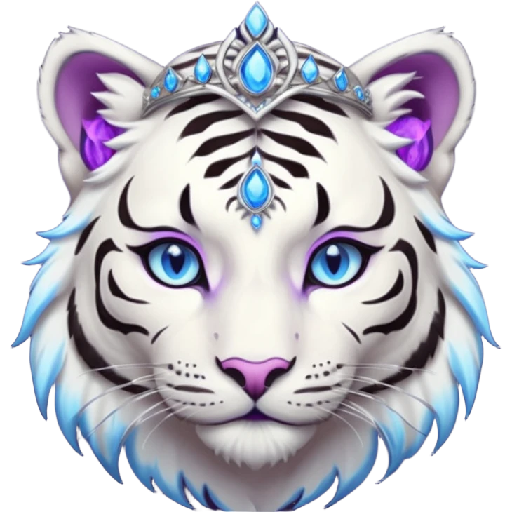 ESO Female white/black tiger khajiit leader of the umbral rose, glowing blue eyes, glowing blue 'third eye' gem; purple gemmed silver tiara emoji