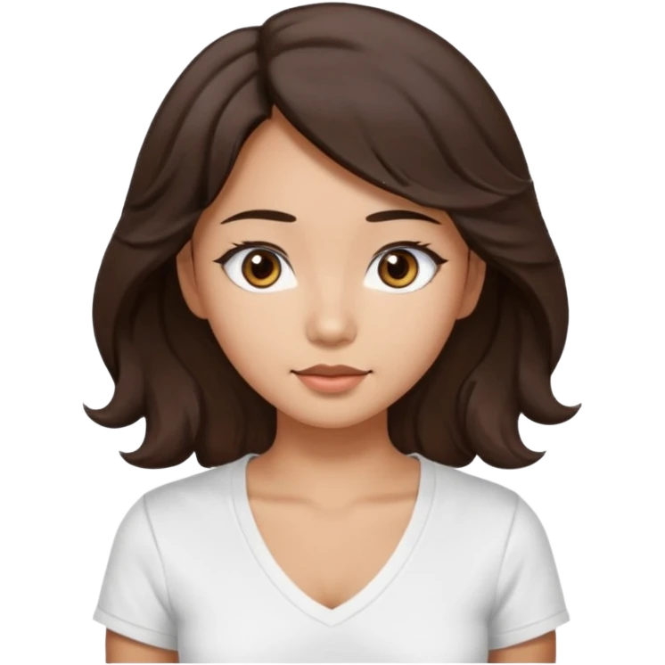 iOS style emoji. A girl with very long dark brown wavy hair. And the eyes color is dark brown. And she is wearing white t shirt with V kneck. And she is 30. She is Asian with double eyelids  emoji
