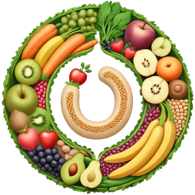 Dietary fiber concept with whole grains, fruits, vegetables and legumes arranged in a circular pattern, with a stylized intestine in the center showing fiber passing through, surrounded by small arrows indicating movement and digestion emoji