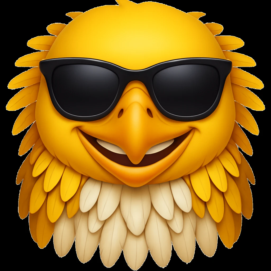Add cool black sunglasses to the yellow eagle with a big smile facing forward in the style of emoji (apple style emojis). Keep the emoji look and feel. emoji