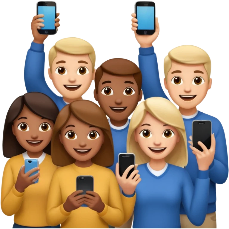 a crowd of people with happy faces and holding phone emoji