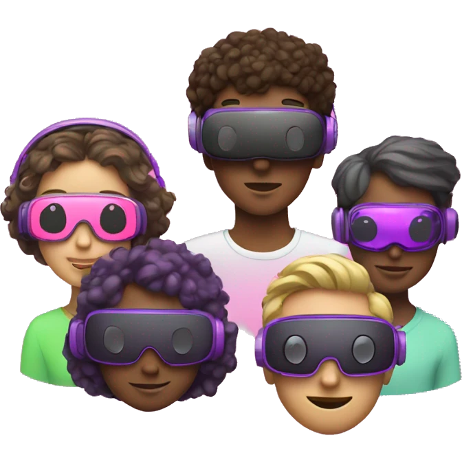 3 people different races, happy, cute wearing VR headsets, pink, purple, greens, neons emoji