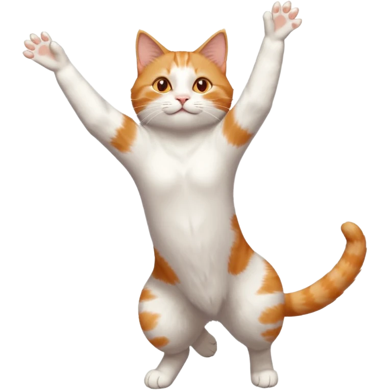 ginger and white cat with orange eyes doing a big extremely long stretch reaching up into the air with arms and legs side by side together straight and overextended whilst lying on its side emoji