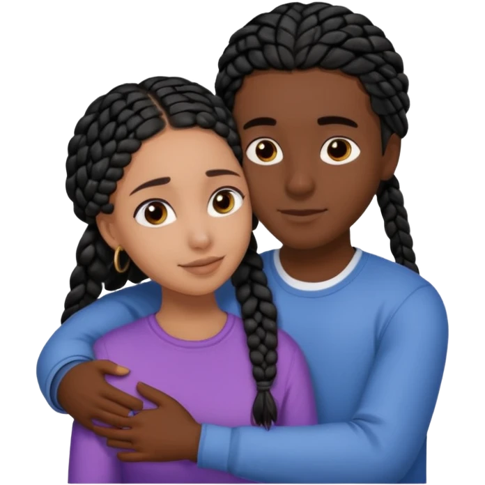dark skin, black girl with black braids, hugging her middle eastern boyfriend with straight parted brown hair and light skin emoji