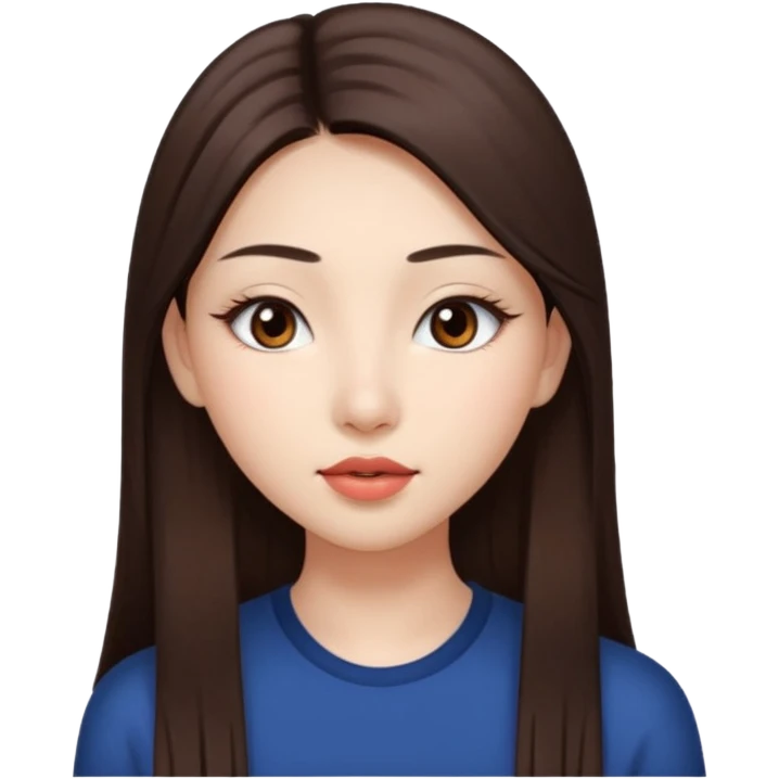 Una chica con piel muy clarita con pleo liso largo de color castaño y unos ojos marrones oscuro y labios grandes y nariz bonita y con unas pestañas que parezca asiatica emoji