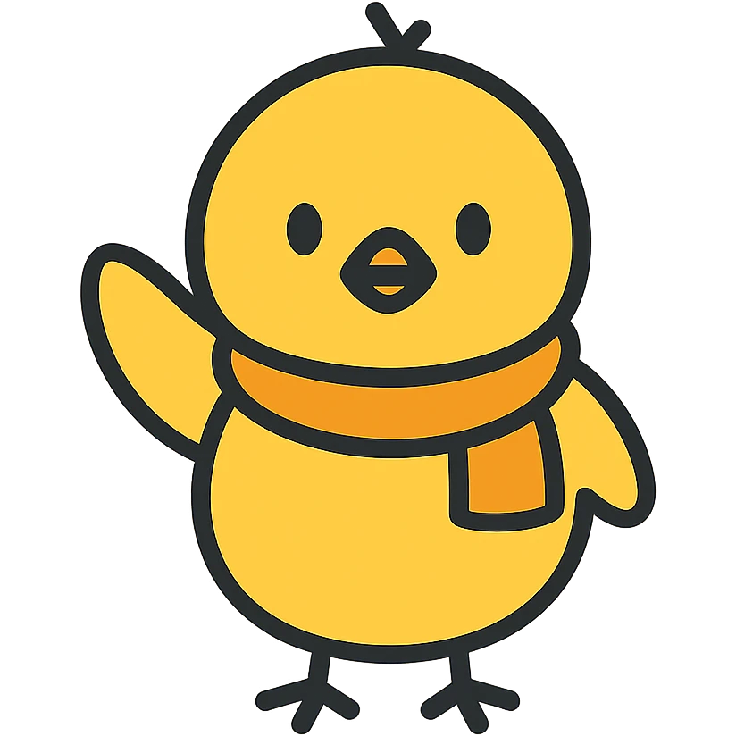 A baby chick waving, color outline icon style, with a yellow scarf emoji