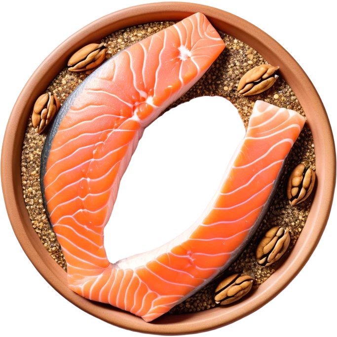 Floating arrangement of omega-3 rich foods: fresh salmon fillets, walnuts, flaxseeds, chia seeds and golden omega-3 capsules, all emitting a soft golden glow. The foods orbit around a central shimmering omega symbol, with gentle flowing energy connecting them. emoji