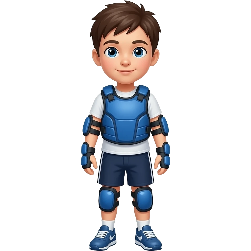Child standing upright, blue protective pads with identical placement, neutral face, clean sporty silhouette.
 emoji