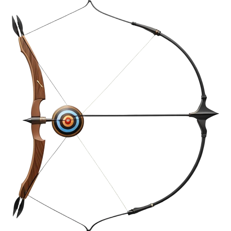A professional recurve bow with an arrow nocked, ready to be released. The target features concentric rings, placed at a distance. The emphasis is on the bow, arrow, and target, highlighting the precision, focus, and skill involved in competitive archery. emoji