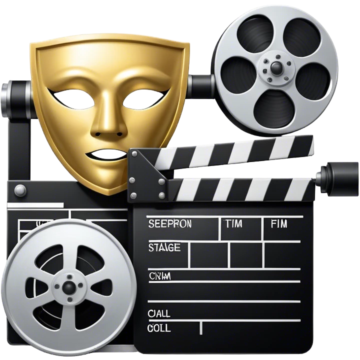 Icon for Acting in Theater and Movie: a stage with a spotlight and cinema, a film camera, a clapperboard and a dramatic mask. The design should represent both theatrical performance and cinematic art. Transparent background. emoji