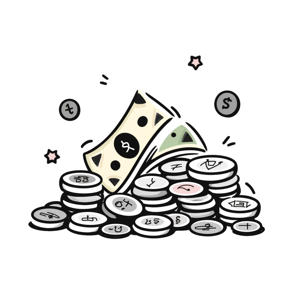 Money bills and coins, cash currency in pastel colors (dd9fb0, ffc6d3, a3bfc9, c4bee2, f1b091), hand-drawn doodle style emoji
