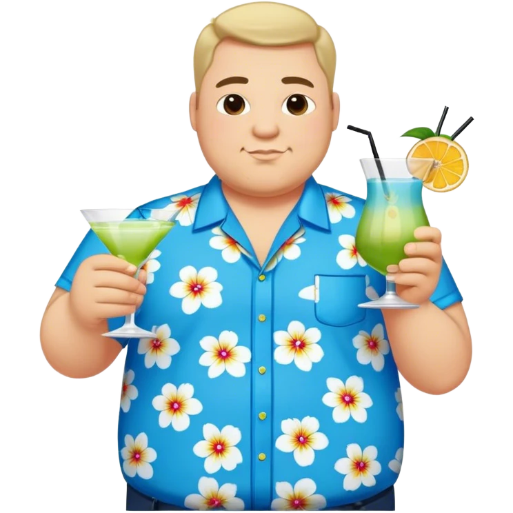 chubby guy full figure in a flowered azure havai shirt holding a cocktail emoji