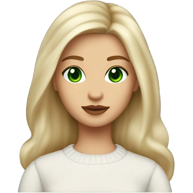 light medium skin, high cheekbone, solo blonde girl with green eyes, medium bust, white sweater, long blow out hair, baddie, middle part, cute,  emoji