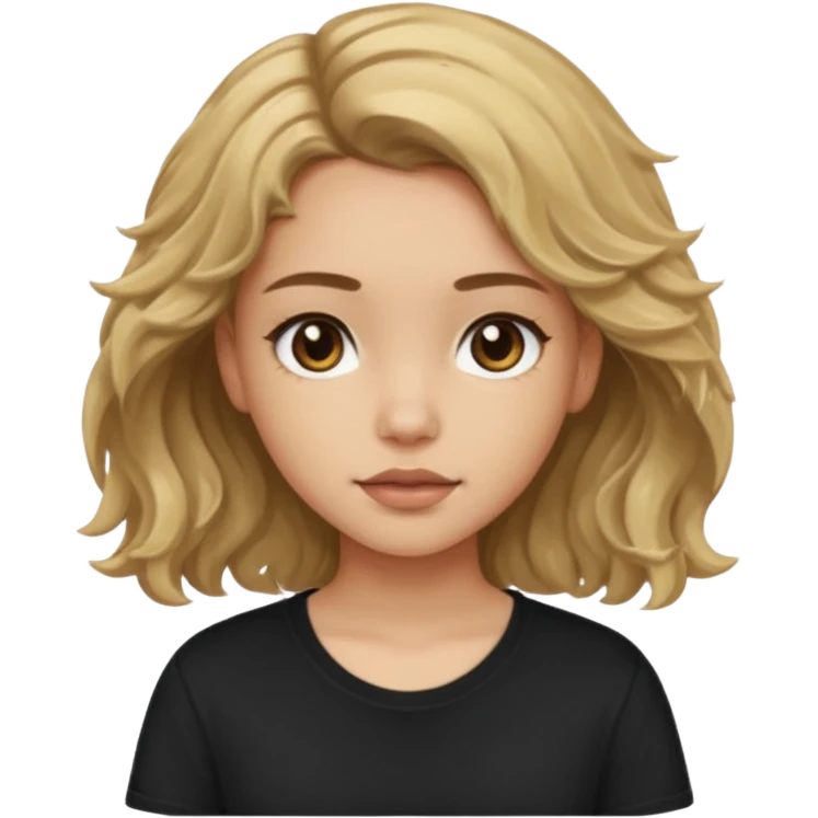 Light skinned girl with dirty blonde wavy hair and deep brown eyes and a black square shirt emoji