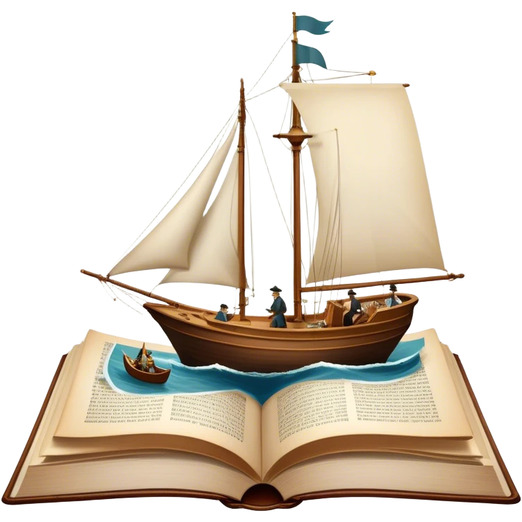 Icon for Reading Fiction: a large open book with pages turning, a sailboat sailing across the pages, Musketeers on horseback, Sherlock Holmes and other literary elements. The icon should evoke the adventurous spirit of storytelling. Transparent background. emoji