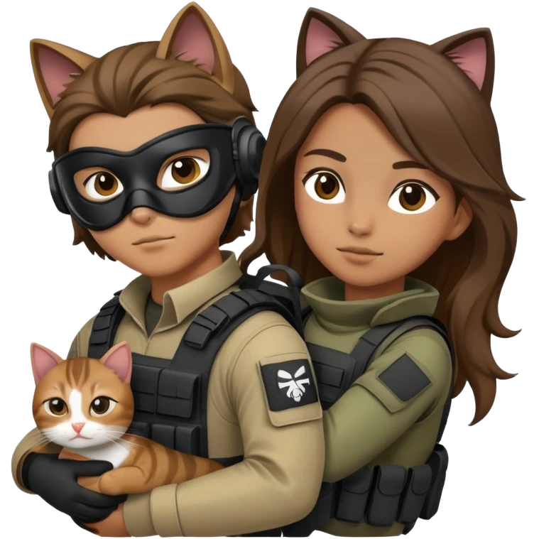 A masked man with hair down to his neck and wearing a tactical gear is carrying a girl with brown hair and a cat emoji
