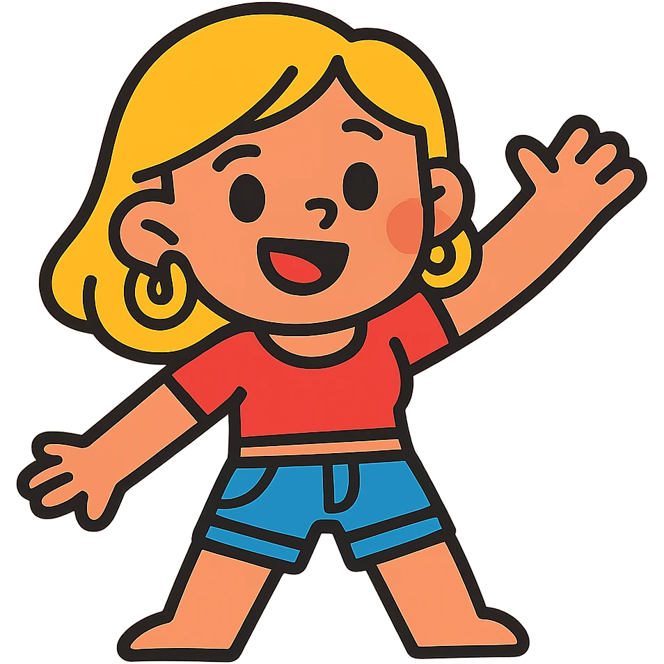 cute character with blonde hair, gold hoop earrings, a crop top, and jean shorts, smiling, vibrant toon style, colorful, cheerful emoji