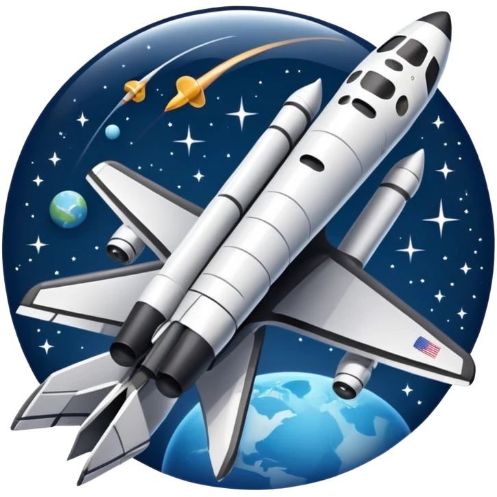 An icon featuring a space shuttle and an airplane against a starry sky, symbolizing aerospace technology. The design includes rocket boosters and satellite orbits, representing the exploration of space and advanced aviation. Transparent background emoji