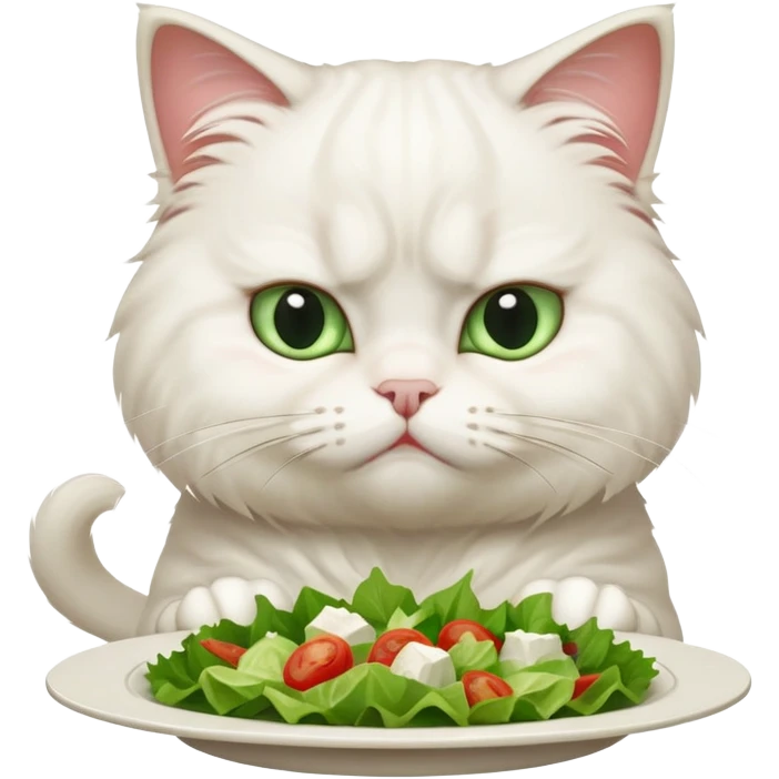 grumpy white cat sitting at a table, looking confused with its ears slightly back. In front of the cat is a plate with a salad with mouth a little open, and disagreement in the cat's face emoji